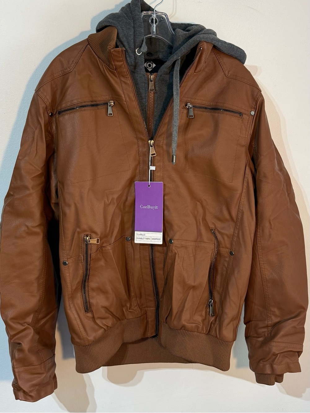 Men's Brown Faux Leather Bomber outdoor Jacket with Gray Hooded Insert new mediu